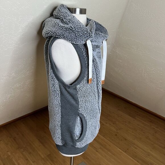 Wanakome Sherpa Vest Womens Medium Heather Gray Wool Asymmetrical Zip Hooded - Picture 8 of 10
